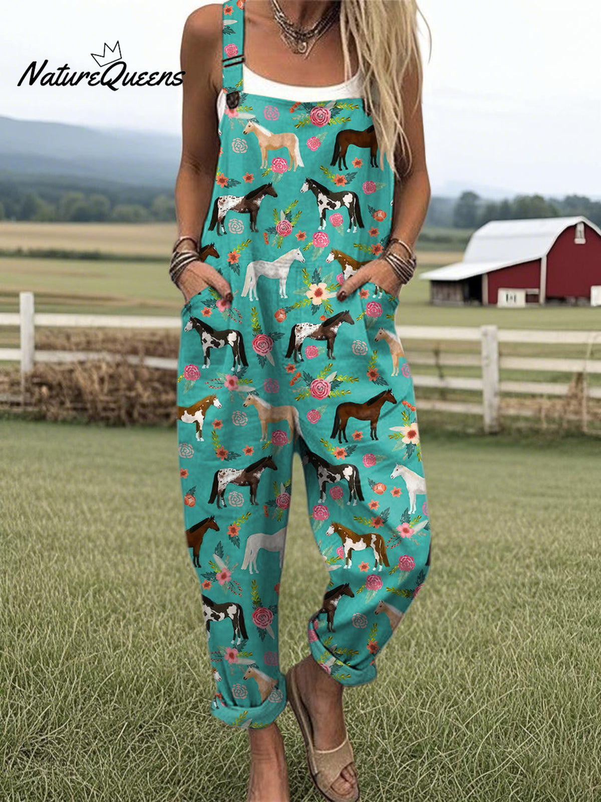 Women's Farm Horse And Floral Pattern Casual Cotton Wide Leg Jumpsuit
