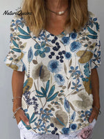Women's Artistic Floral Pattern Cotton and Linen Short Sleeve Top