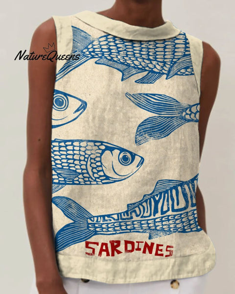 Casual Sardine Print Crew Neck Sleeveless Top