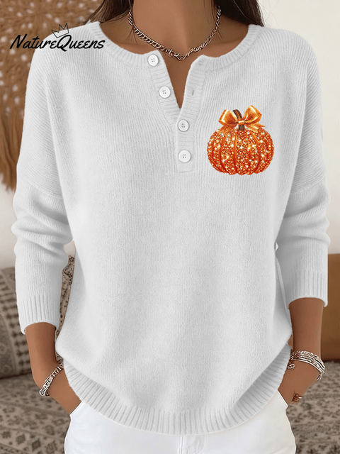 Women's Autumn Pumpkin Print Knit Button-Down Top