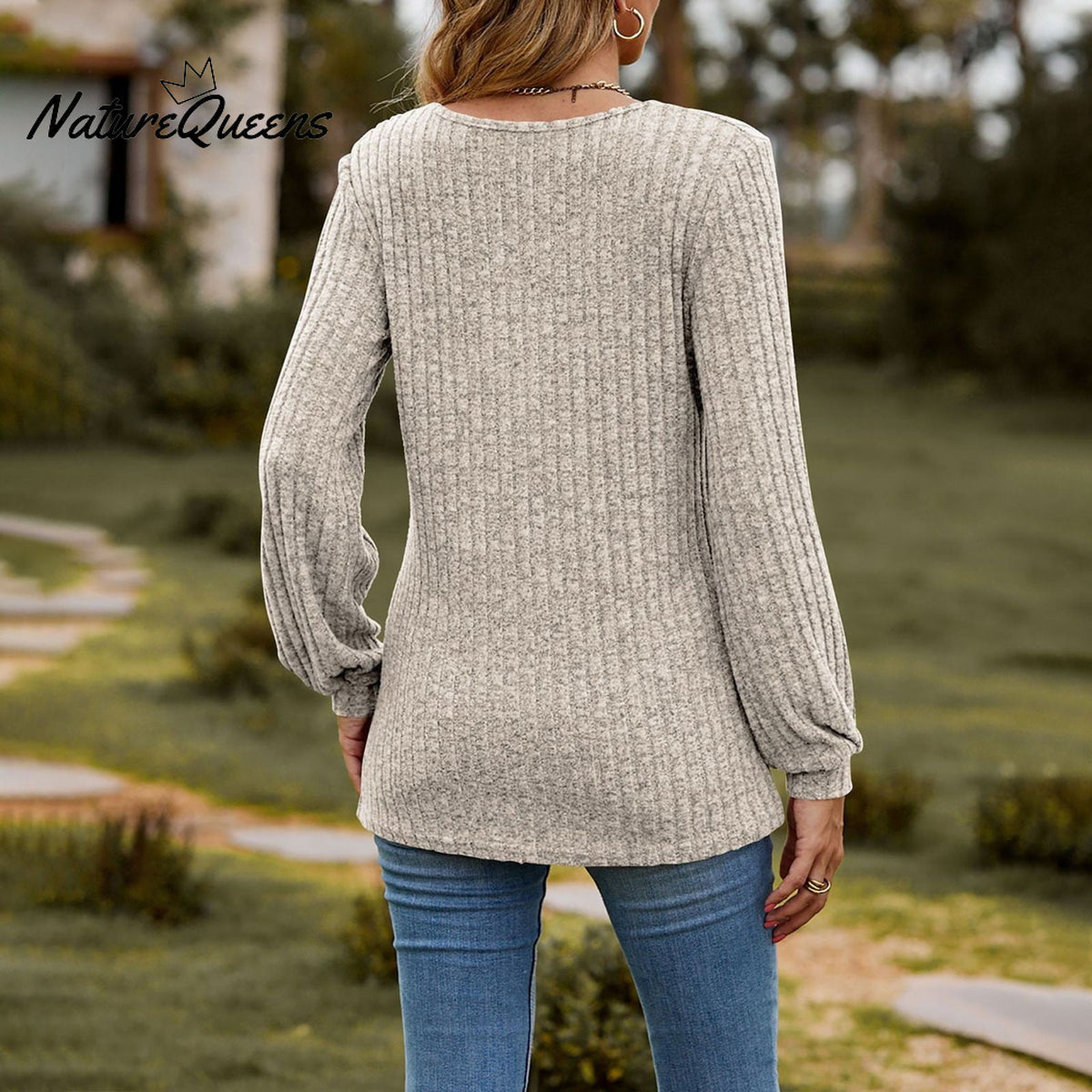 Women's Fall Button Scoop Neck Puff Long Sleeve Henley Shirts