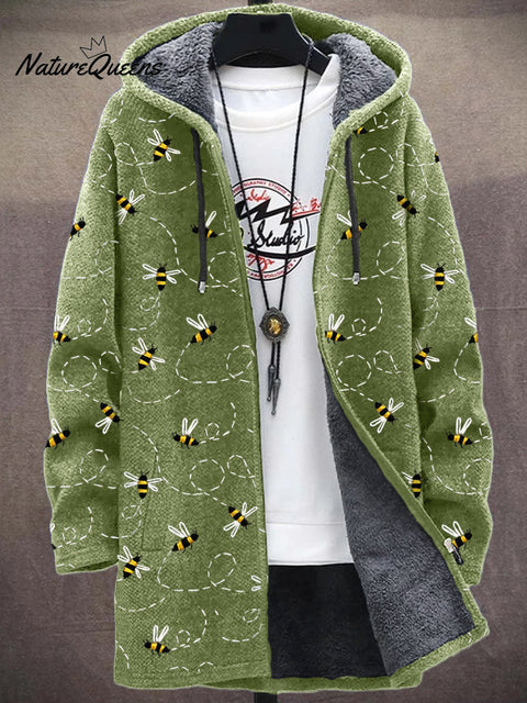 Men's Flying Bees Embroidered Cozy Plush Hooded Coat