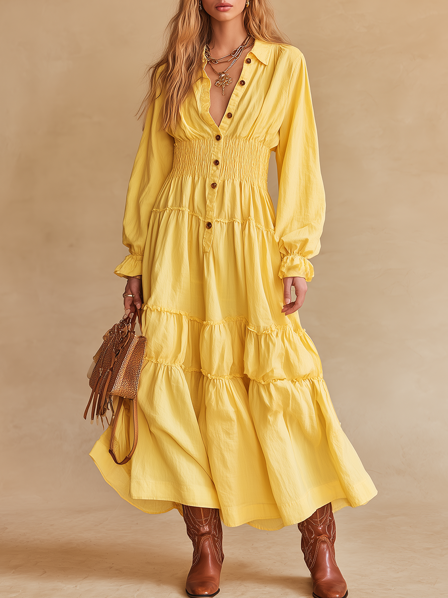 Vintage-style V-neck Ruffled Cotton And Linen Midi Dress