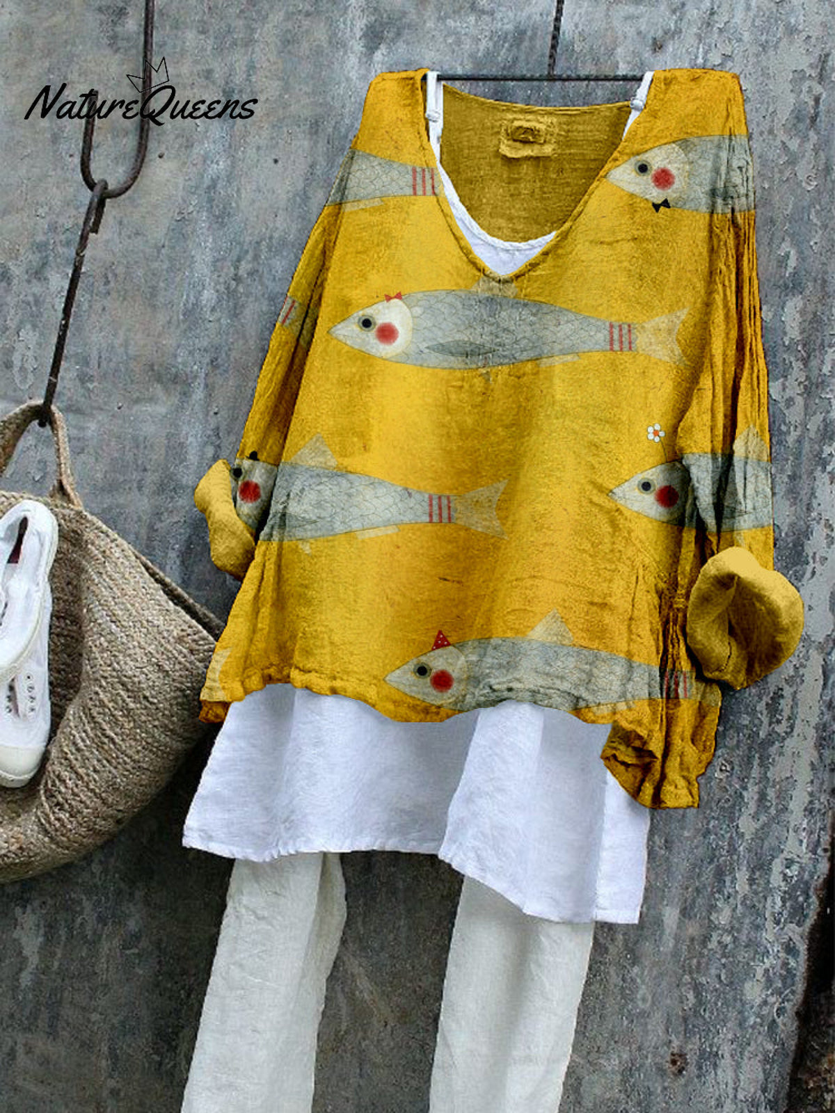 Funny Sardines Art Linen Blend Flowy Tunic