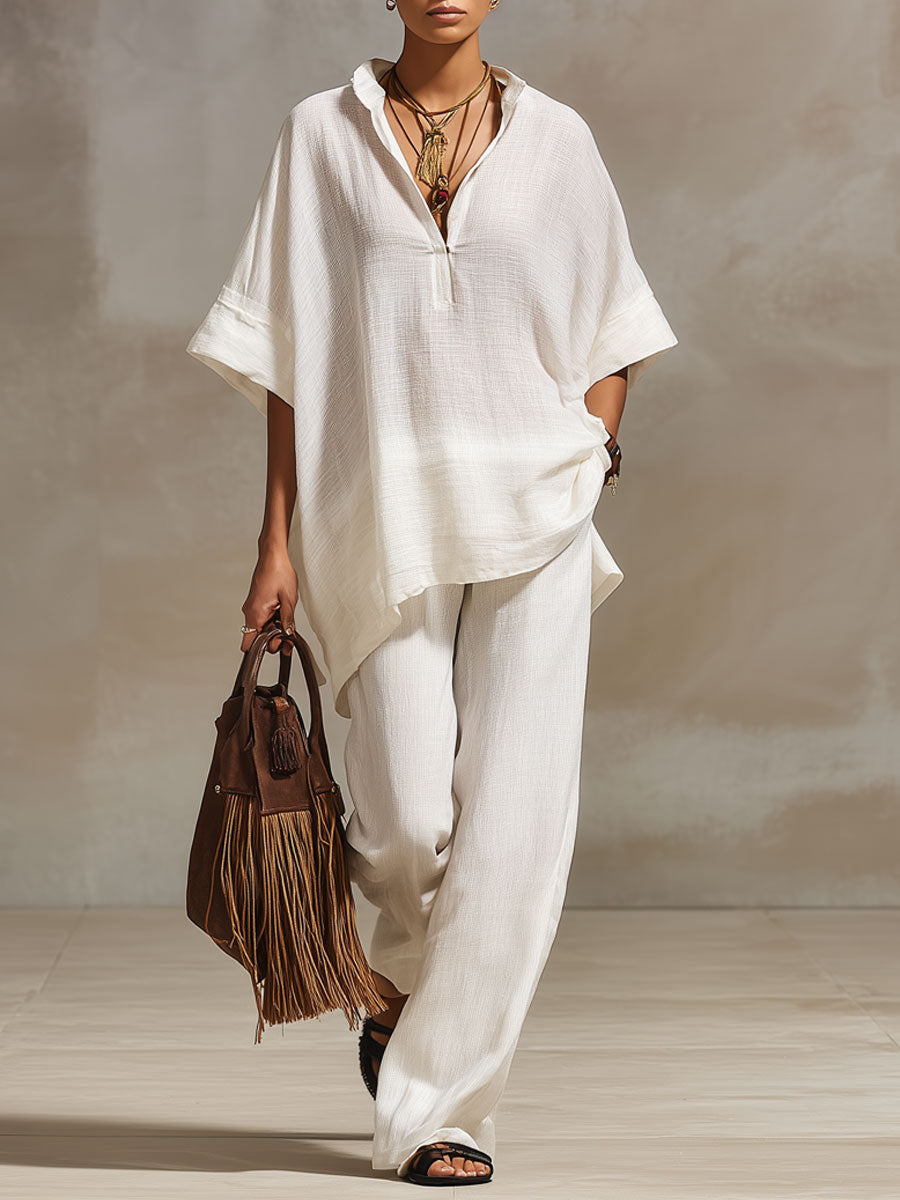 Casual Retro White Cotton And Linen Short-sleeved Top And Wide-leg Pants Set