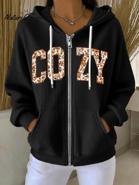 Women's Fall Cozy Season Print Casual Zip-Up Hooded Sweatshirt Jacket