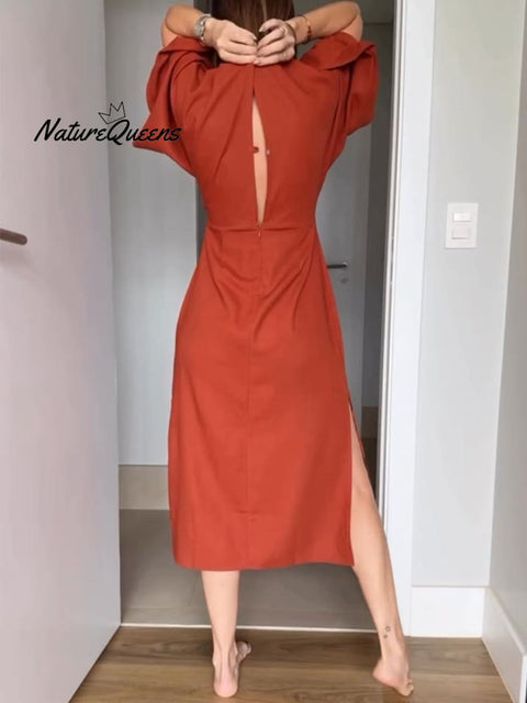 Casual V-neck cotton and linen lace-up dress