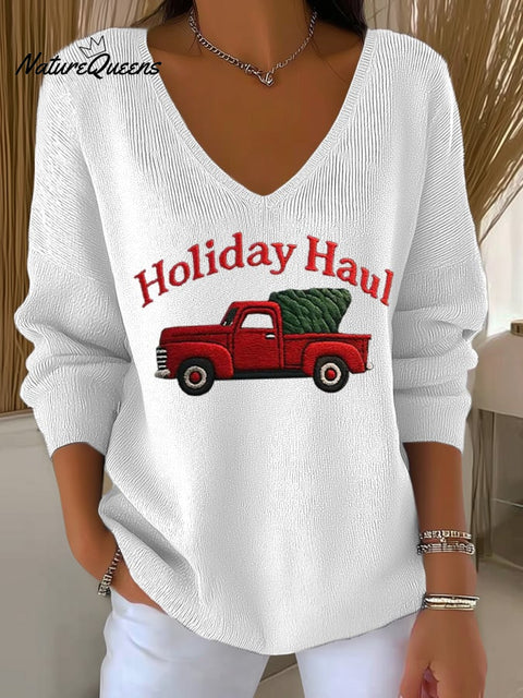 Women's Retro Red Truck Christmas Print Knit Top
