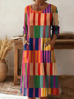 Women'S Round Neck Color-Block Striped Loose-Fitting Dress