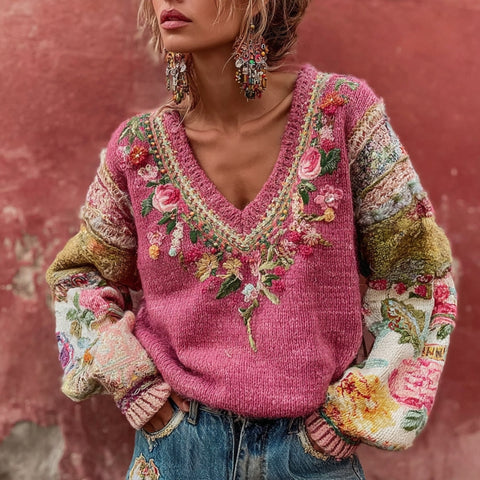Women's Bohemian Floral Embroidery Patchwork Art V-neck Cozy Knit Sweater