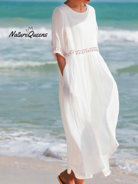 Cotton And Linen Embroidered Loose Dress White / M