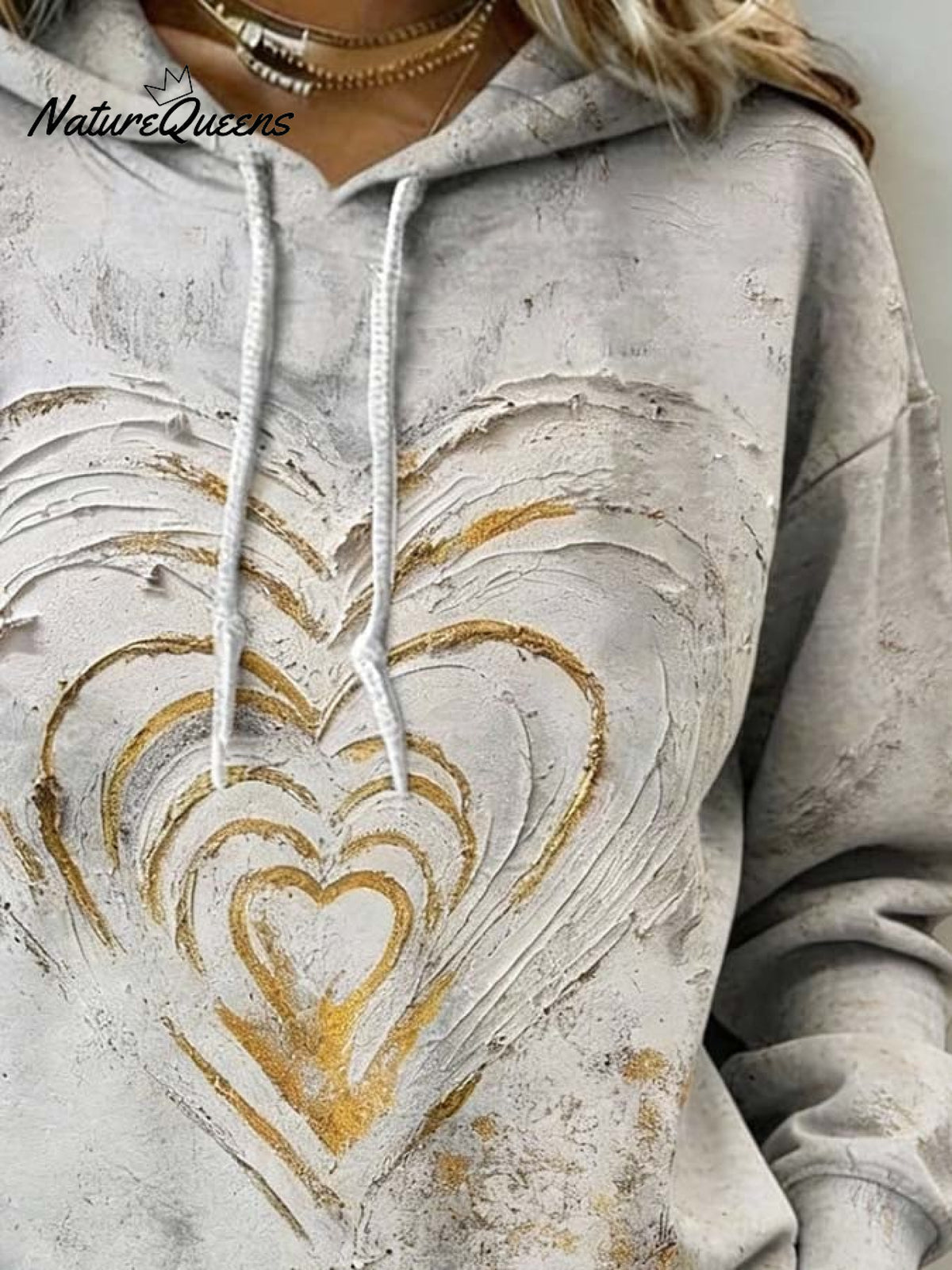 Women'S Casual Color-Block Heart Print Hooded Pullover Sweatshirt