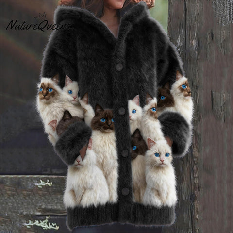Classy Fuzzy Cats Art Cozy Knit Hooded Cardigan