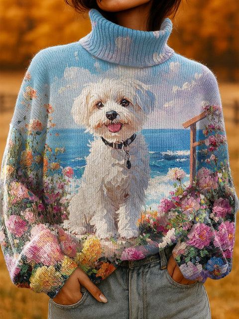 Women's Dog Print Turtleneck Knit Sweater