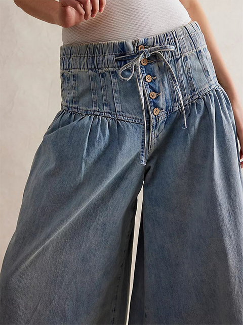 Pleated Lace-up Loose Wide-leg Jeans