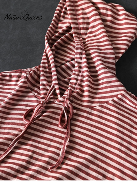 Women's Striped Long-sleeved Loose Cotton Hooded Top