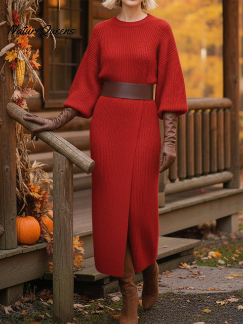 Elegant Solid Color Slit Round Neck Wool Knitted Midi Dress