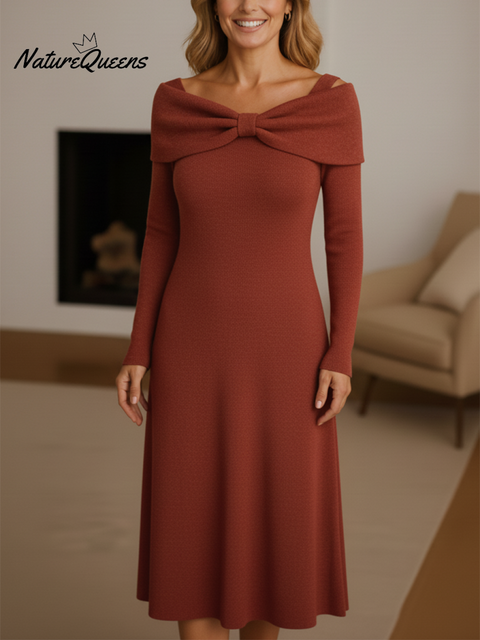 Women's Elegant Bow Collar Solid Color Knitted Dress