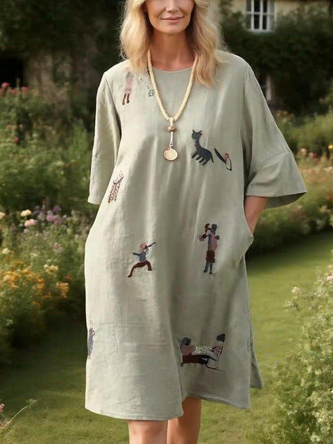 Women's Animal Embroidered Loose Linen Dress