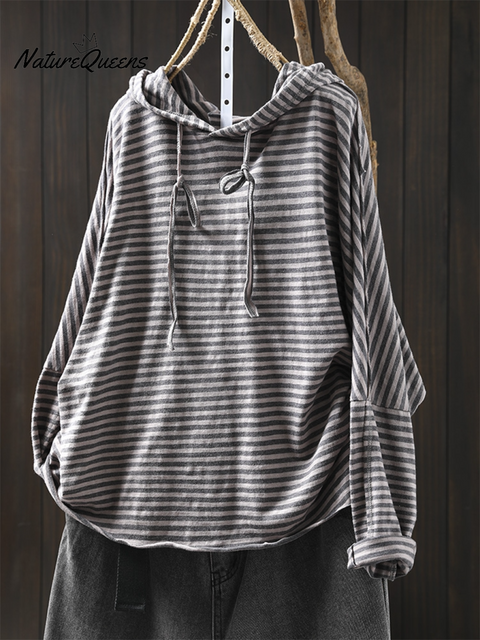 Women's Striped Long-sleeved Loose Cotton Hooded Top