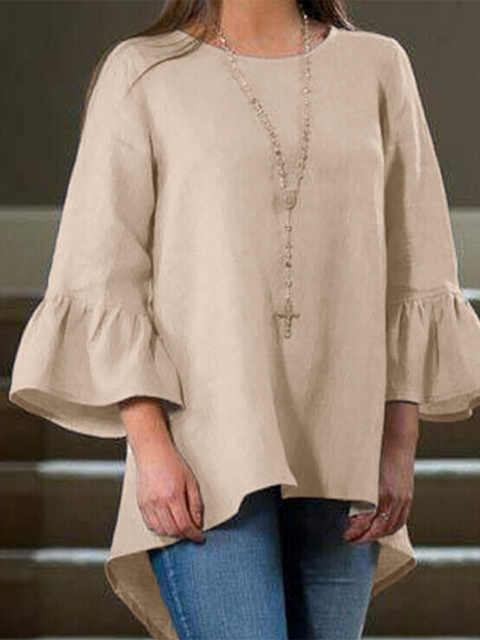 Women's Loose Ruffled Round Neck Cotton Top