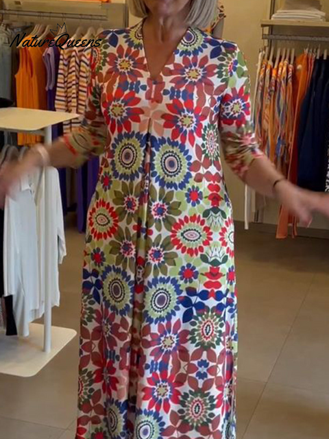 Women's V-neck Natural Pleated Floral Print Comfortable Dress