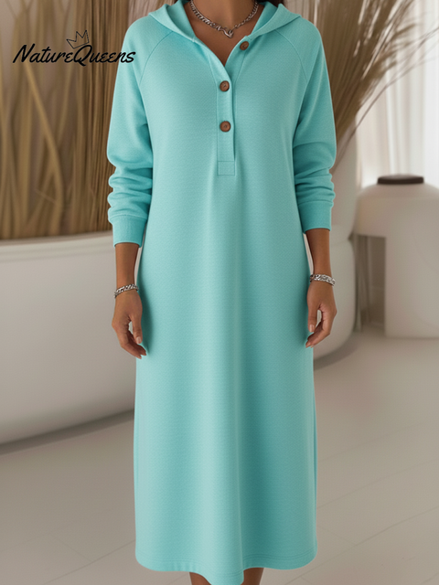 Women's Casual Loose Hooded Button Sweatshirt Dress