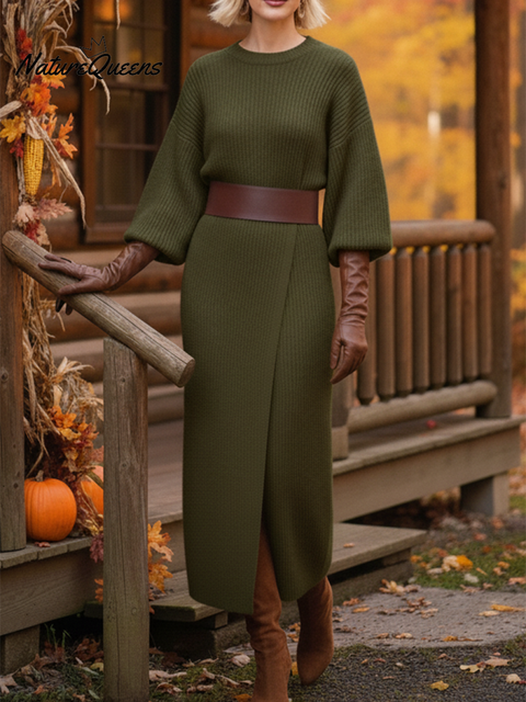 Elegant Solid Color Slit Round Neck Wool Knitted Midi Dress