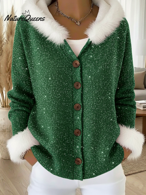 Casual Christmas Faux Rabbit Fur Hooded Shiny Sweater Cardigan