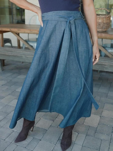 Classic Tie-Drape A-Line Denim Skirt