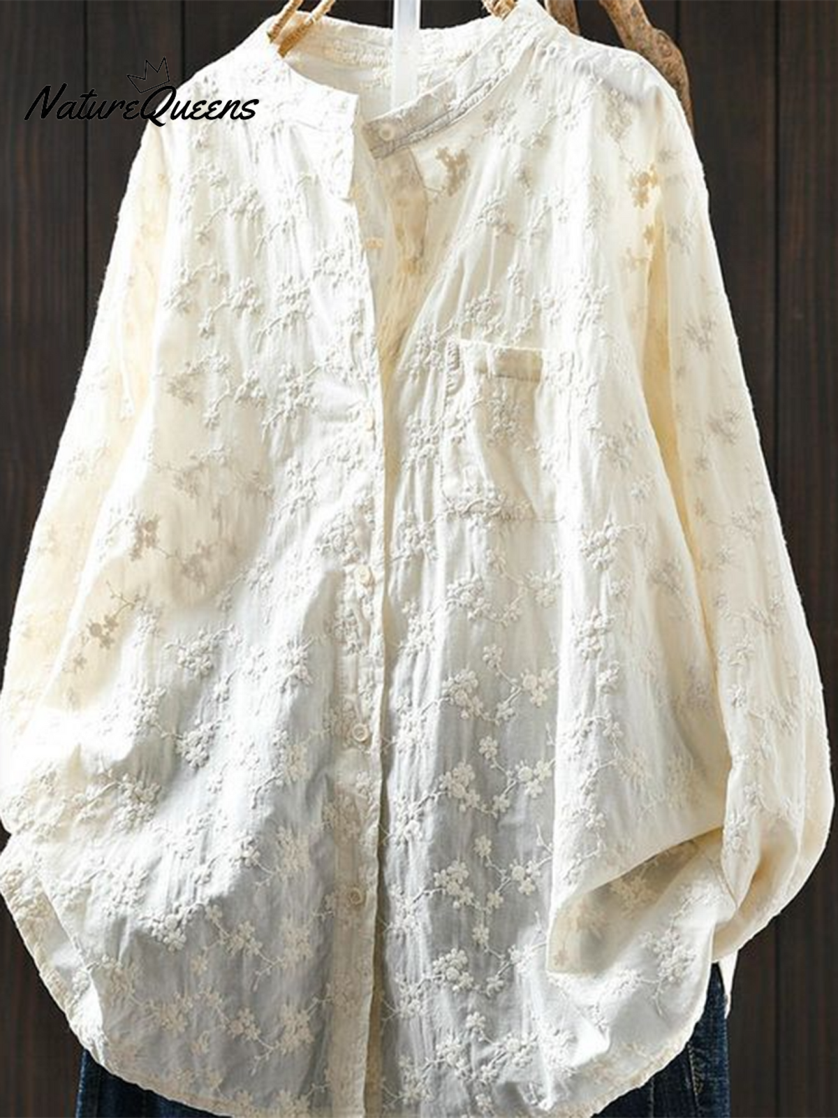 Women's Floral Embroidered Stand-up Collar Cotton Shirt