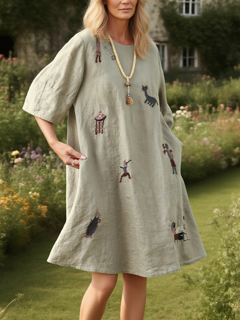 Women's Animal Embroidered Loose Linen Dress