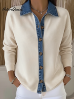 Denim Patchwork Polo Collar Corduroy Cardigan Jacket