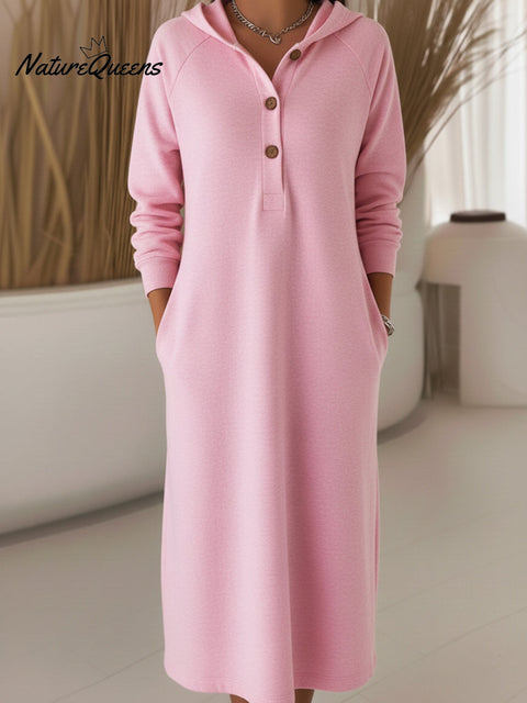 Women's Casual Loose Hooded Button Sweatshirt Dress