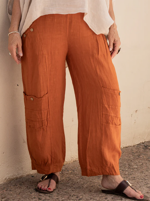Button Pocket Elastic Waist Linen Pants