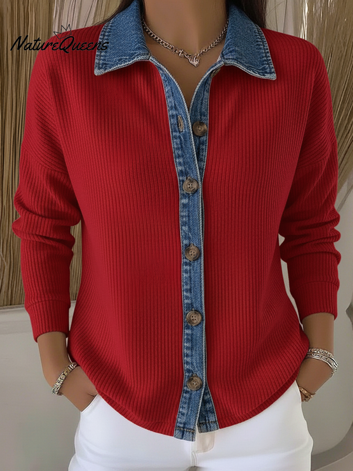 Denim Patchwork Polo Collar Corduroy Cardigan Jacket