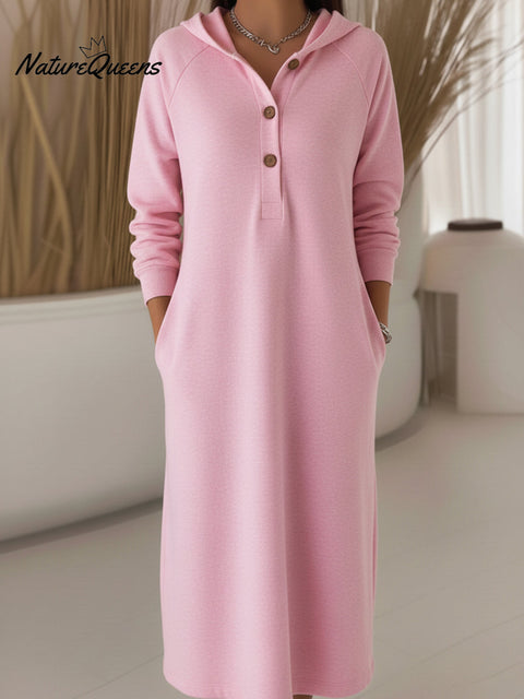 Women's Casual Loose Hooded Button Sweatshirt Dress