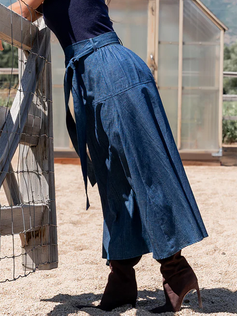 Classic Tie-Drape A-Line Denim Skirt