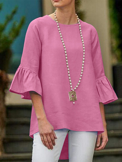 Women's Loose Ruffled Round Neck Cotton Top