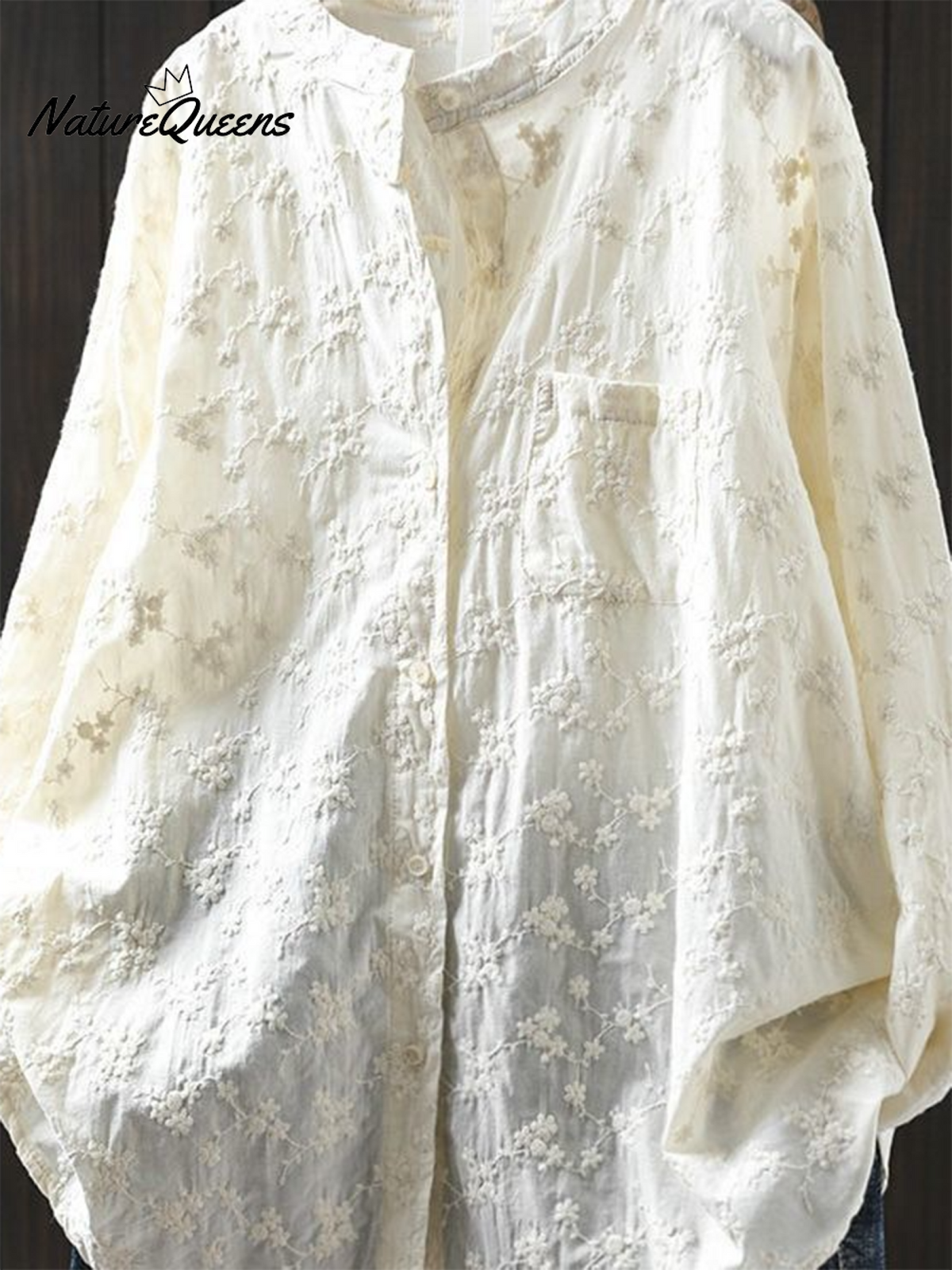 Women's Floral Embroidered Stand-up Collar Cotton Shirt