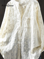 Women's Floral Embroidered Stand-up Collar Cotton Shirt