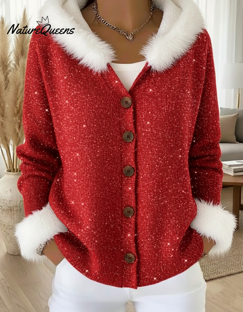 Casual Christmas Faux Rabbit Fur Hooded Shiny Sweater Cardigan