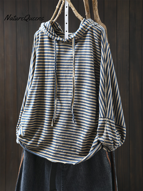 Women's Striped Long-sleeved Loose Cotton Hooded Top