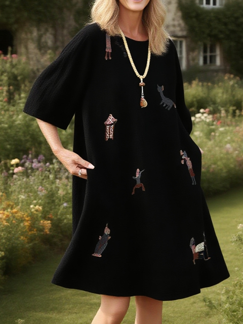 Women's Animal Embroidered Loose Linen Dress