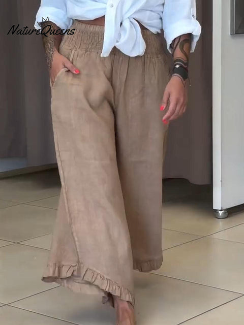 Women's Casual Wide Waist Lace Cotton and Linen Trousers