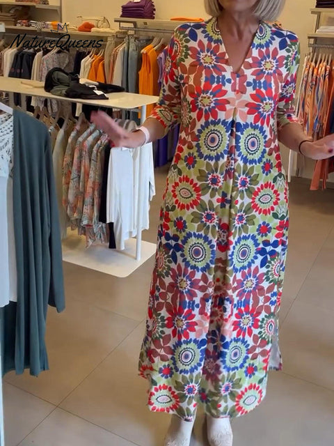 Women's V-neck Natural Pleated Floral Print Comfortable Dress