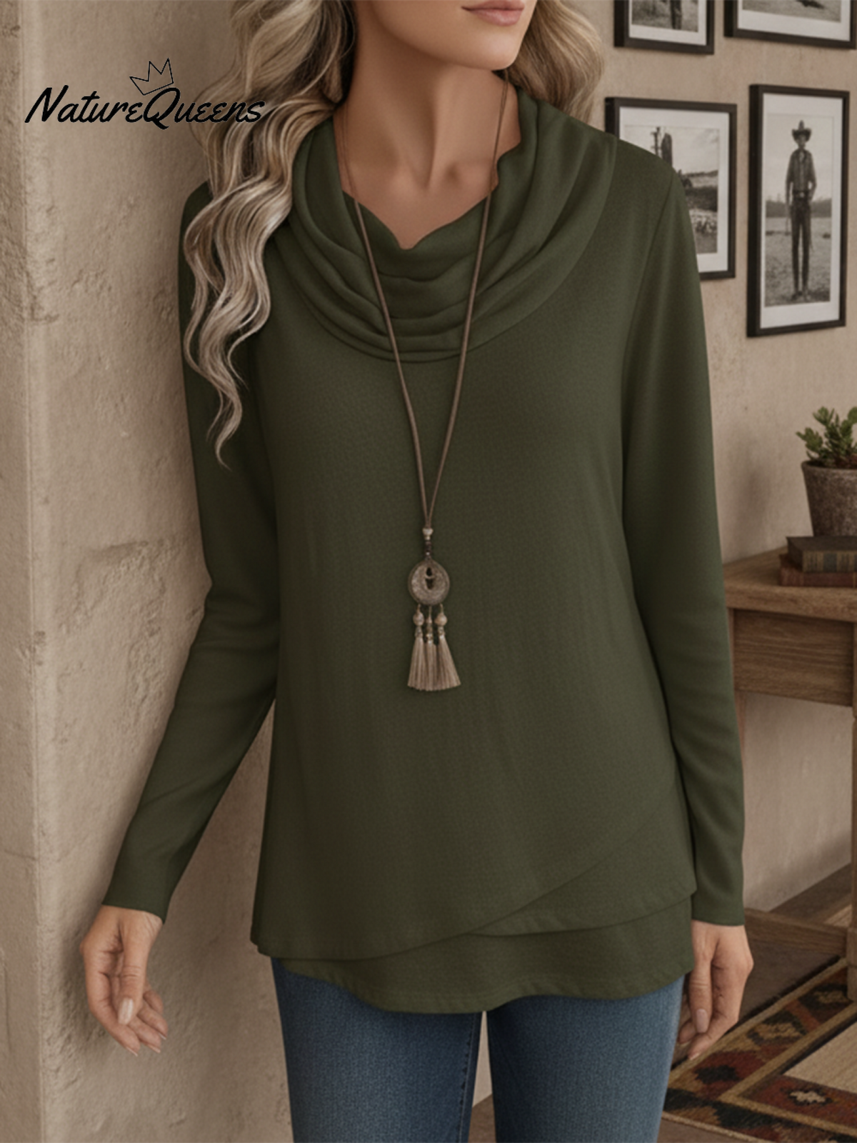 Women's Soft Solid Color Pile Neck Cotton Top