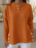 Casual Henley Neck Side Slit Button Waffle Pullover Top