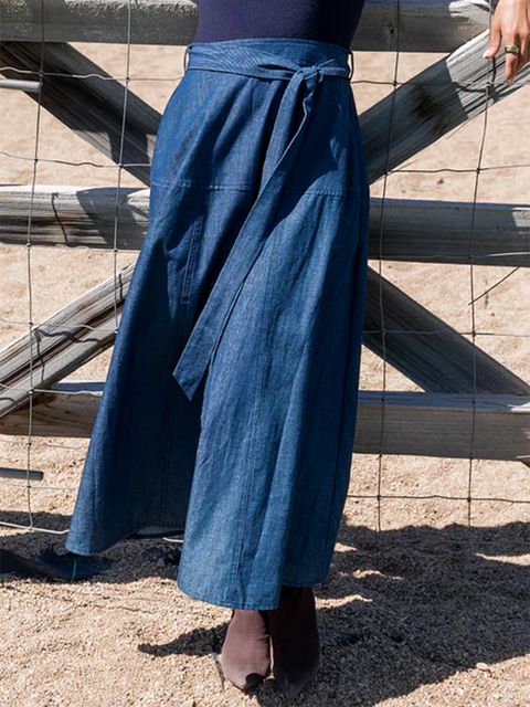 Classic Tie-Drape A-Line Denim Skirt