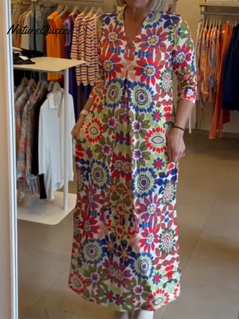 Women's V-neck Natural Pleated Floral Print Comfortable Dress